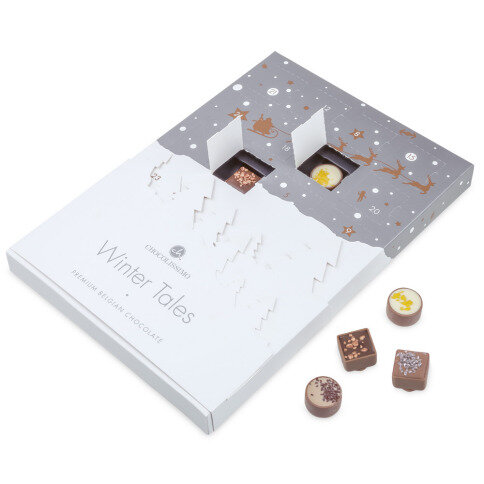 Adventný kalendár s pralinkami, čokoládový adventný kalendár, adventný kalendár ako darček, belgické pralinky